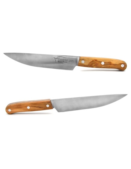 Half-chef knife, made in Laguiole, with an olive wood handle and a matt stainless steel finish