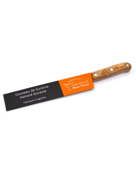 Couteau demi-chef fabriqué à Laguiole, manche de 10 cm en bois d'olivier avec finition inox mat