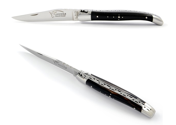 Laguiole pocket knife, 11 cm, forged bee, black horn tip handle with shiny bolsters