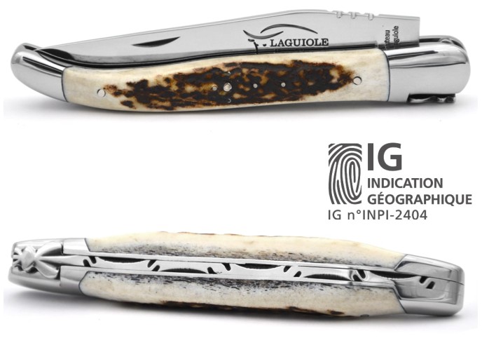 Couteau de Laguiole labellisé IG de 12 cm, manche en bois de cerf, abeille forgée, lame seule, finition inox brillant