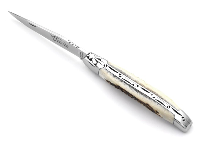 Couteau de Laguiole labellisé IG de 12 cm, manche en bois de cerf, abeille forgée, lame seule, finition inox brillant