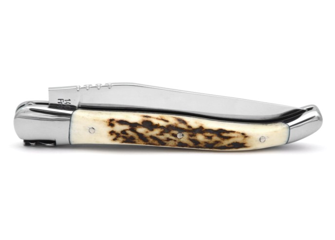 Couteau de Laguiole labellisé IG de 12 cm, manche en bois de cerf, abeille forgée, lame seule, finition inox brillant
