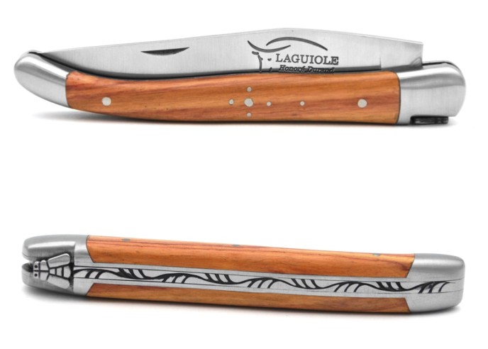 Laguiole Klappmesser, 11cm, Geschweißte Biene, Griff aus Rosenholz, Heftbacken aus mattem Edelstahl