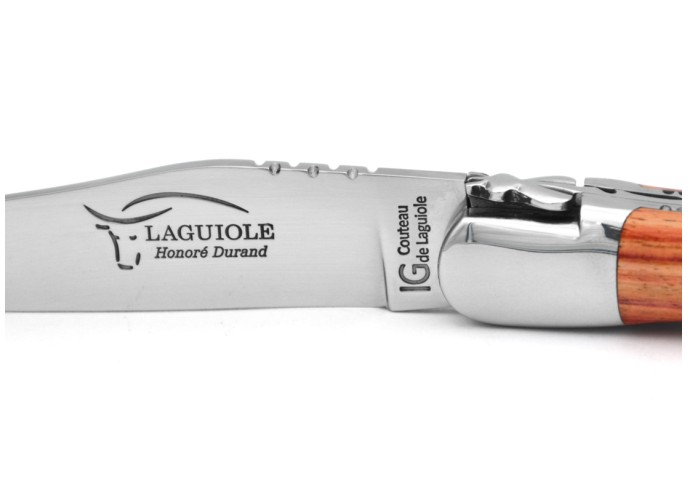 Laguiole 12cm, Doppelplatinen ziseliert, Heftbacken aus glänzendem Edelstahl, Rosenholz