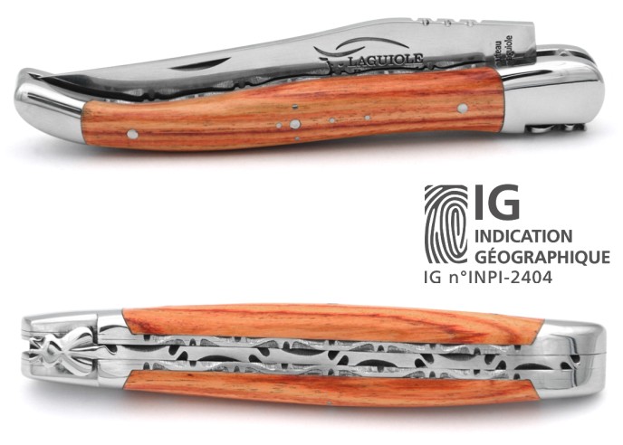 Laguiole knife with Geographical Indication label, 12 cm, chiseled double plates, rosewood handle with shiny bolsters