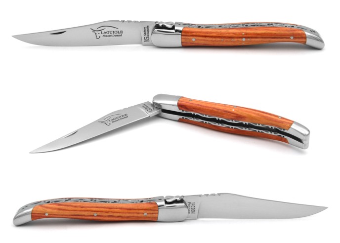Laguiole knife with Geographical Indication label, 12 cm, chiseled double plates, rosewood handle with shiny bolsters