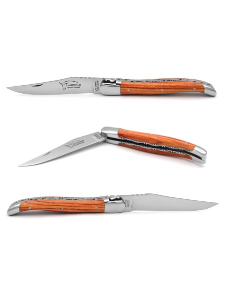 Laguiole pliant 12 cm, abeille forgée, lame seule, doubles platines ciselées, manche bois de rose finition inox brillant