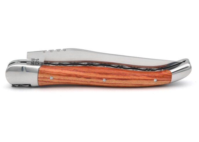 Laguiole knife with Geographical Indication label, 12 cm, chiseled double plates, rosewood handle with shiny bolsters