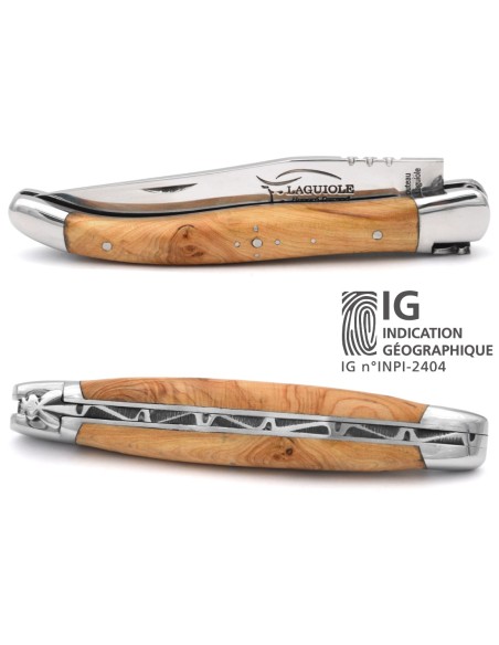 IG-certified Laguiole knife in juniper wood, 11 cm handle with a polished stainless steel finish