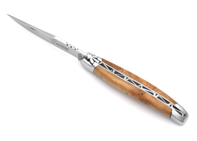 IG-certified Laguiole knife in juniper wood, 11 cm handle with a polished stainless steel finish