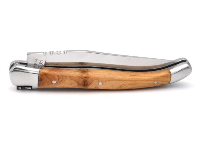 IG-certified Laguiole knife in juniper wood, 11 cm handle with a polished stainless steel finish