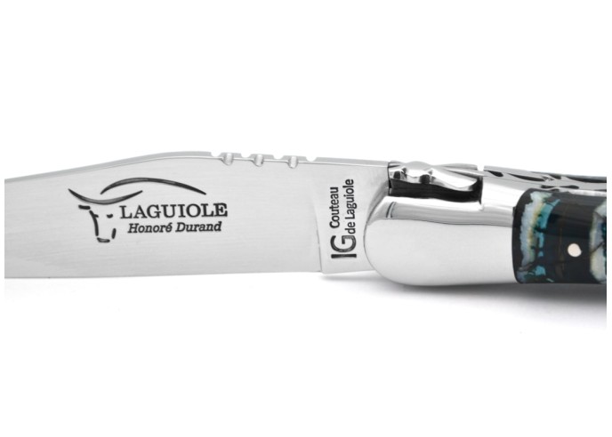 IG-zertifiziertes Laguiole-Messer aus 12 cm blauem Mammutzahn, doppelt handgearbeitete Platinen, glänzende Oberfläche