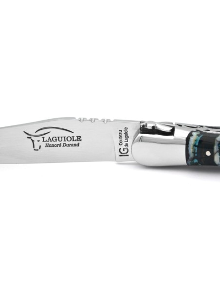 IG-zertifiziertes Laguiole-Messer aus 12 cm blauem Mammutzahn, doppelt handgearbeitete Platinen, glänzende Oberfläche
