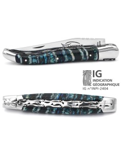IG-zertifiziertes Laguiole-Messer aus 12 cm blauem Mammutzahn, doppelt handgearbeitete Platinen, glänzende Oberfläche