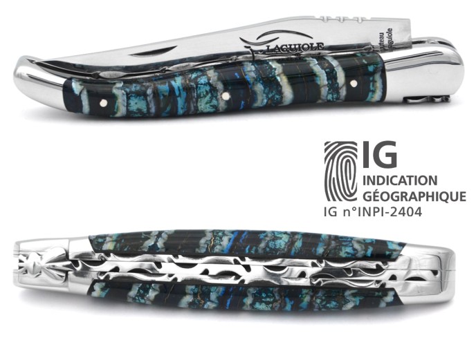 IG-zertifiziertes Laguiole-Messer aus 12 cm blauem Mammutzahn, doppelt handgearbeitete Platinen, glänzende Oberfläche