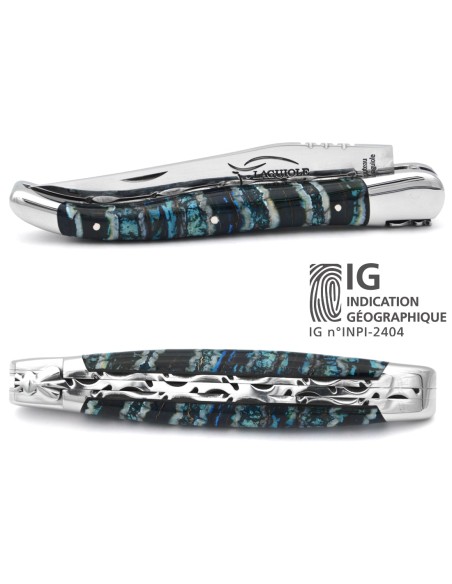 IG-certified Laguiole knife in 12 cm blue mammoth molar, double hand-chiseled plates, shiny finish