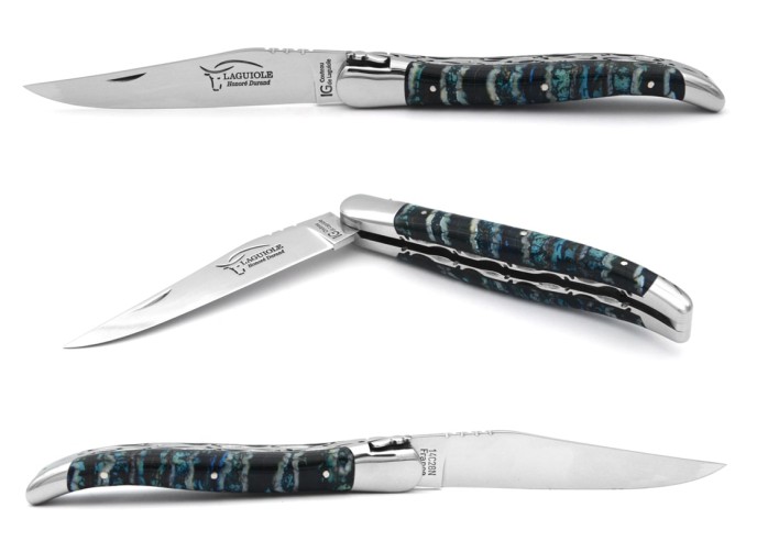 IG-certified Laguiole knife in 12 cm blue mammoth molar, double hand-chiseled plates, shiny finish
