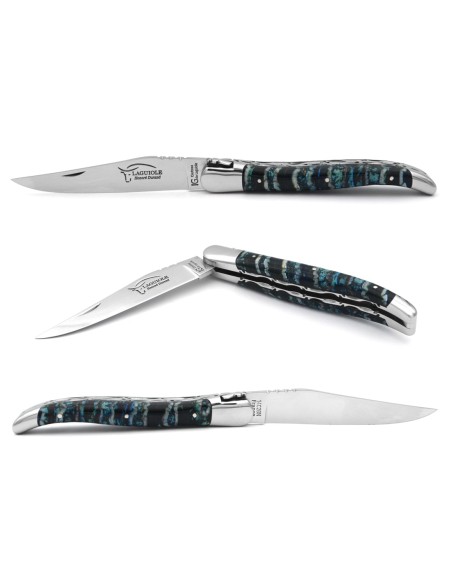 IG-certified Laguiole knife in 12 cm blue mammoth molar, double hand-chiseled plates, shiny finish