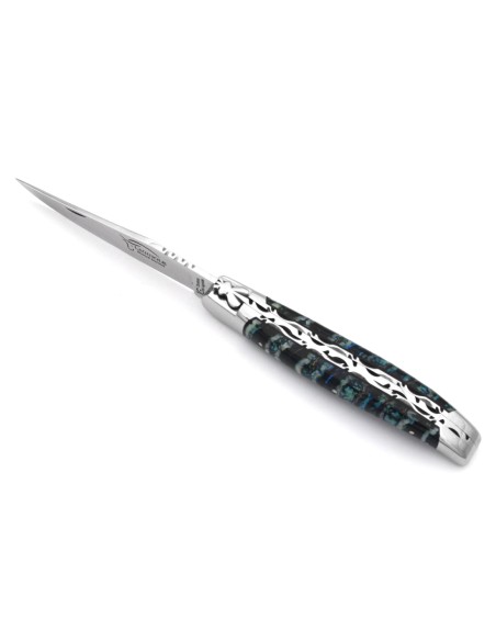 IG-certified Laguiole knife in 12 cm blue mammoth molar, double hand-chiseled plates, shiny finish