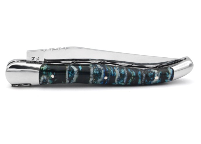 IG-certified Laguiole knife in 12 cm blue mammoth molar, double hand-chiseled plates, shiny finish