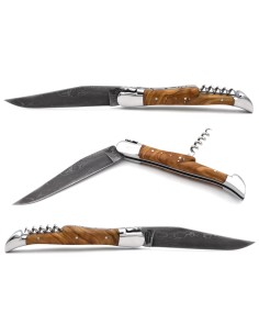 Laguiole knife with geographical indication label in olive wood, wild Damascus steel, forged bee, glossy stainless steel finish 2