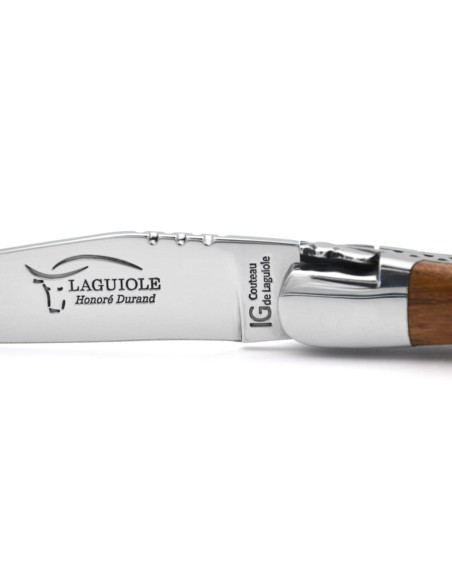 Couteau de Laguiole labellisé indication géographique en bois d'orme, lame seule, finition inox brillant