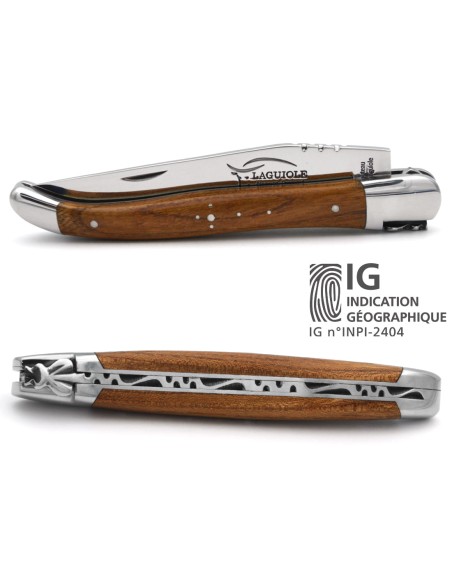 Laguiole Knife with Geographical Indication, Elm Wood Handle, Single Blade, Polished Stainless Steel Finish