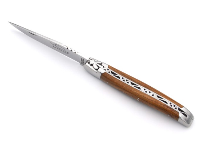 Laguiole Knife with Geographical Indication, Elm Wood Handle, Single Blade, Polished Stainless Steel Finish