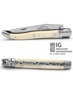 Laguiole Knife with Geographical Indication Label, Bovine Bone Handle, 12 cm Handle, Polished Stainless Steel Finish