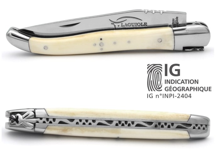 Couteau de Laguiole labellisé indication géographique en os (bovin), lame seule, finition inox brillant