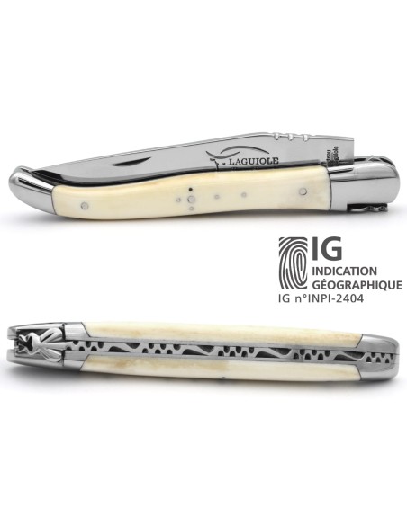Laguiole Knife with Geographical Indication Label, Bovine Bone Handle, 12 cm Handle, Polished Stainless Steel Finish