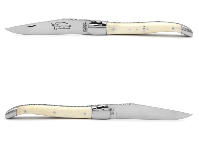 Laguiole Knife with Geographical Indication Label, Bovine Bone Handle, 12 cm Handle, Polished Stainless Steel Finish