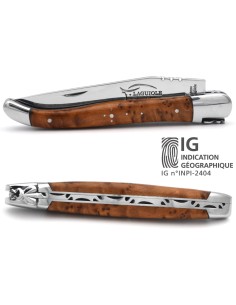 Laguiole Knife with Geographical Indication Label, Thuya Wood Handle, 12 cm Handle, Polished Stainless Steel Finish