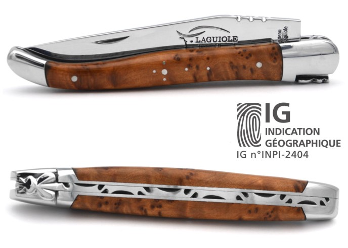 Couteau de Laguiole labellisé indication géographique en bois de thuya, lame seule, finition inox brillant