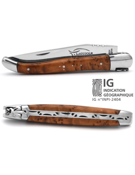 Couteau de Laguiole labellisé indication géographique en bois de thuya, lame seule, finition inox brillant