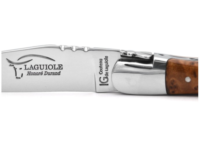 Couteau de Laguiole labellisé indication géographique en bois de thuya, lame seule, finition inox brillant